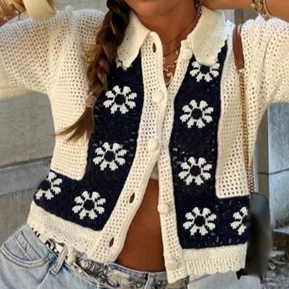 Women's Floral Print Hollow Out Single Breasted Short Sleeve Cardigan - Picture 6 of 6
